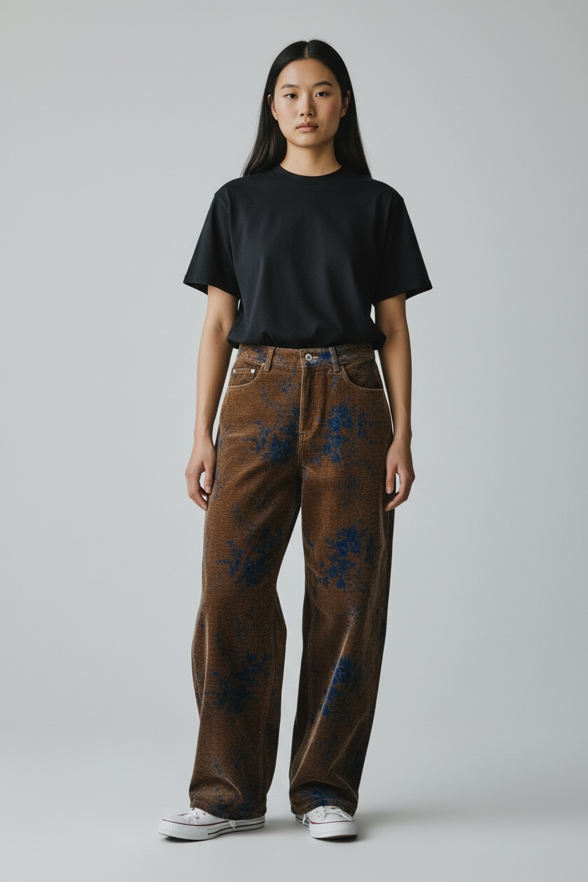 Jean Wide Leg Floral – Coupe Ample Taille Haute Vintage ( 28 - 38 )